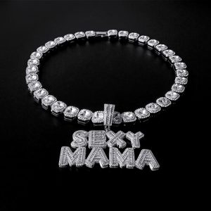 Square cluster tennis chain​ necklace with word​ in diamonds