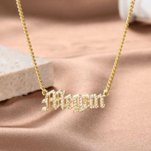 Sterling silver old english name necklace​ with diamonds