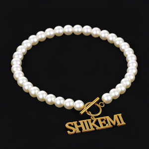 White pearl choker necklace with name pendant