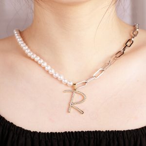 Half pearl half silver chain necklace​ with initial
