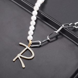 Initial​ necklace half pearl half chain​