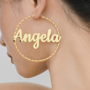 thin twisted gold hoop earrings​ with name