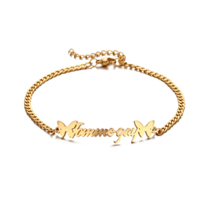 18k gold plated cuban link name plate bracelet​ with butterfly
