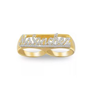 Custom two finger ring​ with name diamond cut