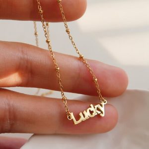 Dainty word pendant necklace sphere chain