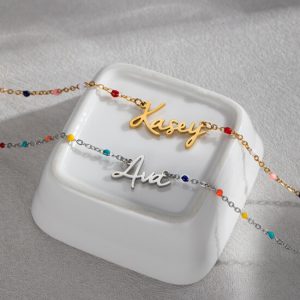 Personalised name choker necklace with color bead chain