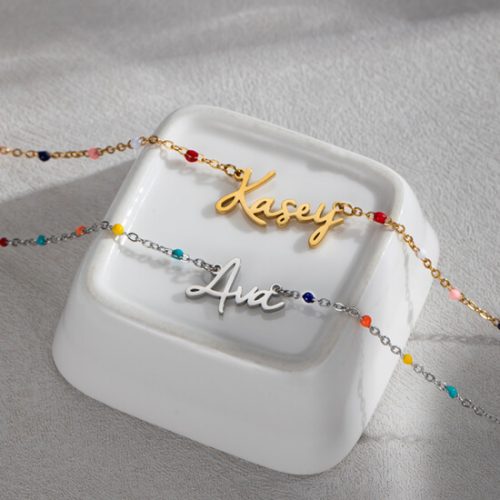 Personalised name choker necklace with color bead chain - Image 2