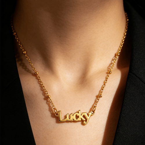dainty word plate necklace sphere chain