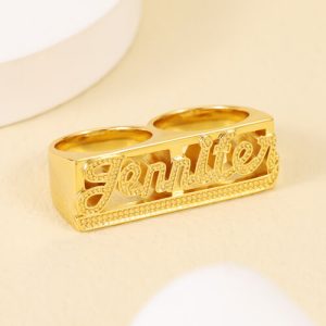 Diamond cut 2 finger nameplate rings
