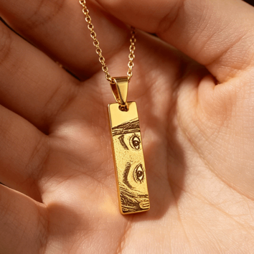 Custom vertical bar necklace engraved with photo
