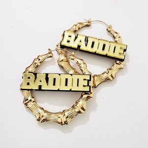 Laser cut acrylic name earrings​ bamboo hoops