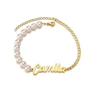 Half cuban link chain half pearl bracelet​ with name