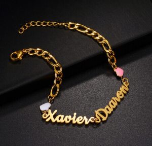 Custom two name bracelet with enamel hearts